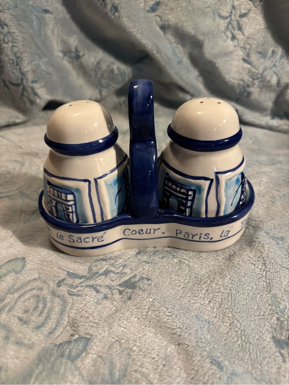 Blue and White Ceramic Salt & Pepper Shaker Set with Caddy - Paris Motif